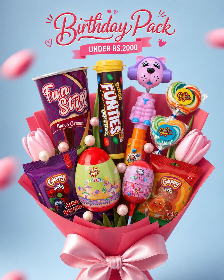 BingoWorld Ultimate Birthday Candy Bouquet under Rs 2000 – Fun Stix, Bingo Funties, Guppy Jelly, Play Pop eggs, Candy Pop Lollipops and Bear Candy Dispenser in a pink flower bouquet
