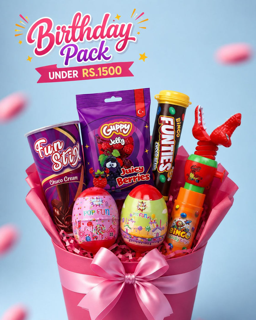 BingoWorld Premium Birthday Candy Bouquet under Rs 1500 – Fun Stix, Guppy Jelly, Bingo Funties, Play Pop eggs and Bingo Candy Spray in a decorated pink bouquet gift box
