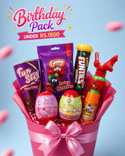 BingoWorld Premium Birthday Candy Bouquet under Rs 1500 – Fun Stix, Guppy Jelly, Bingo Funties, Play Pop eggs and Bingo Candy Spray in a decorated pink bouquet gift box
