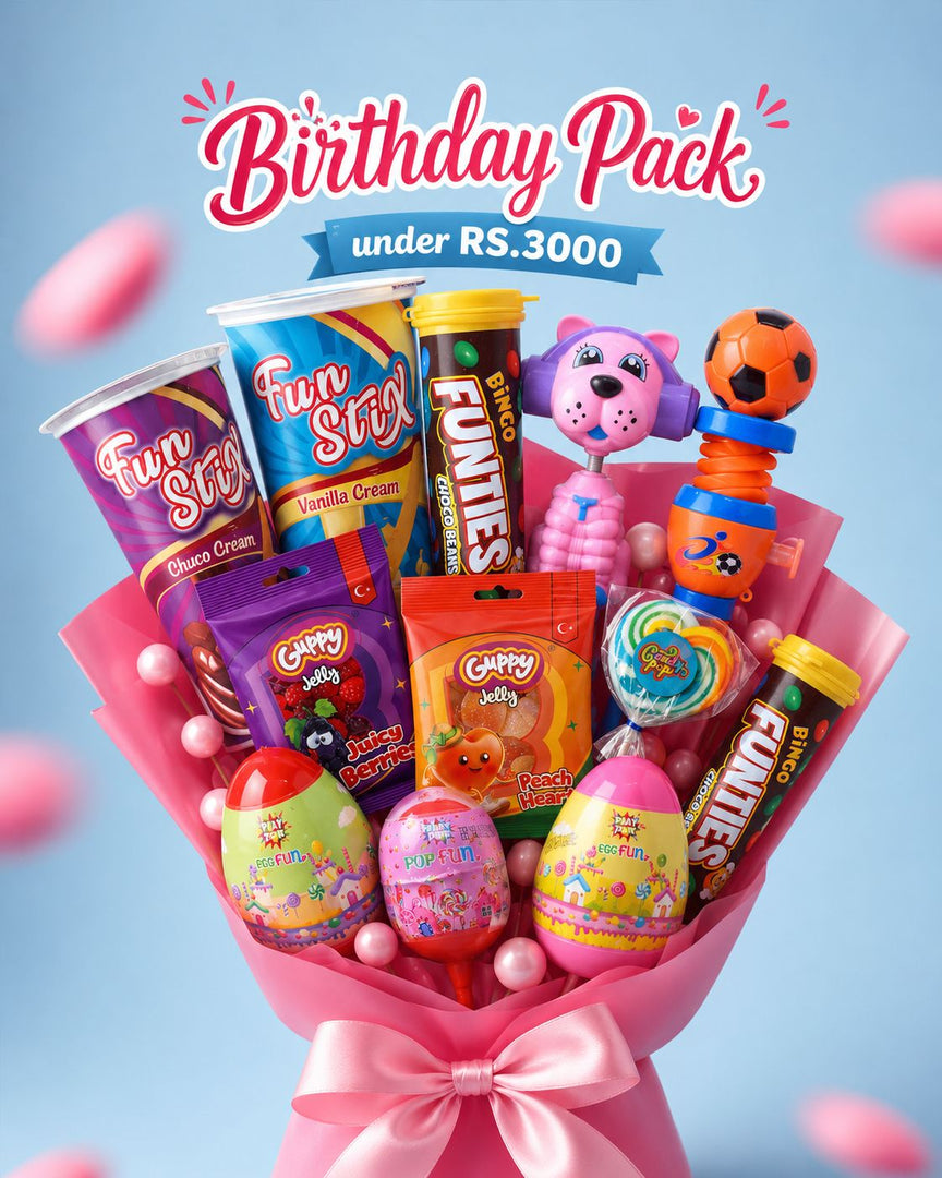 Colorful BingoWorld birthday gift pack under Rs.3000 with chocolates, candies, lollipops and surprise toys for kids celebrations